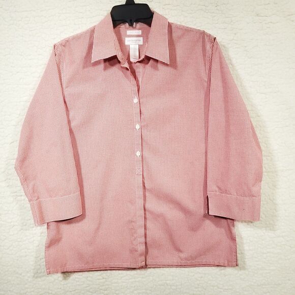 Liz Claiborne Liz Sport Button Up Shirt Top Red Check No-Iron 100% Cotton Size M - Picture 1 of 15